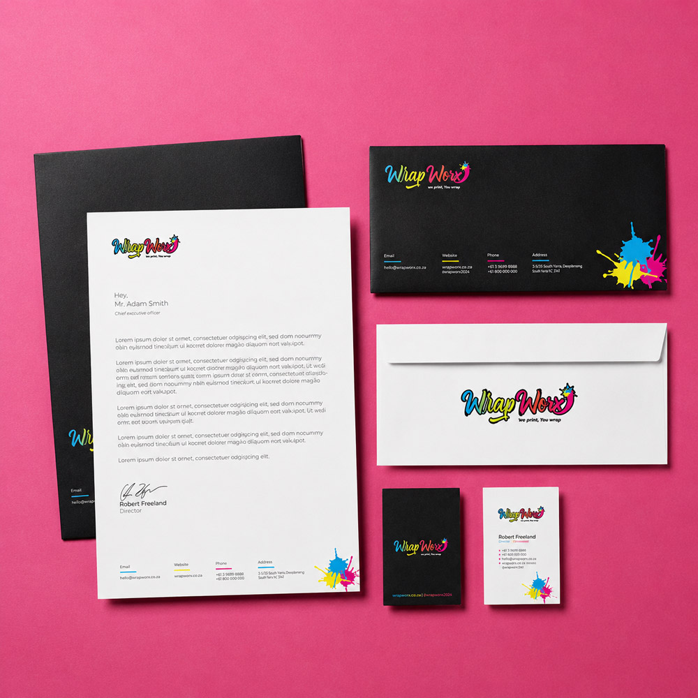 White-label branded stationery set: letterhead, envelopes and business cards produced by Graphiker